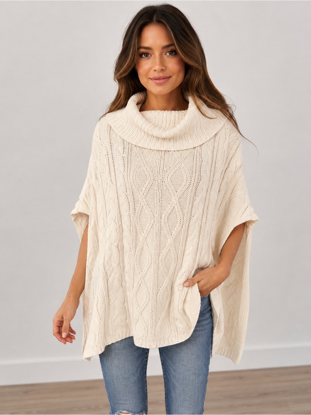 ASOS Fashion Union Womens S/M Cream Cable Knit Poncho Sweater Cowl Neck Oversize